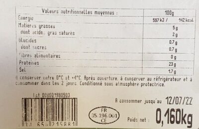 Roti cuit superieur label rouge - Tableau nutritionnel