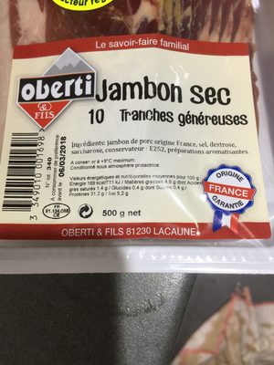 Oberti & Fils Jambon sec la barquette de 10 tranches 500 g - Ingredients - fr