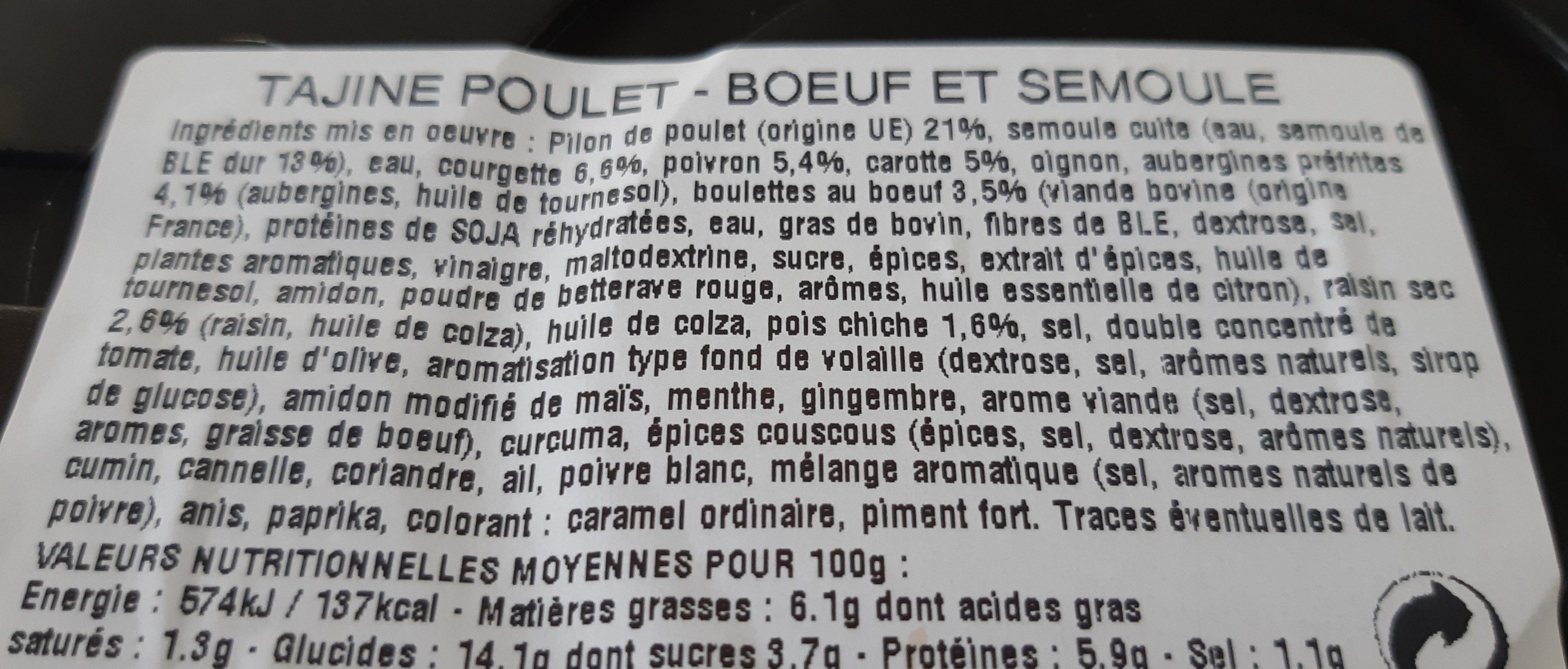 tajine poulet boeuf et semoule - Ingredients - fr