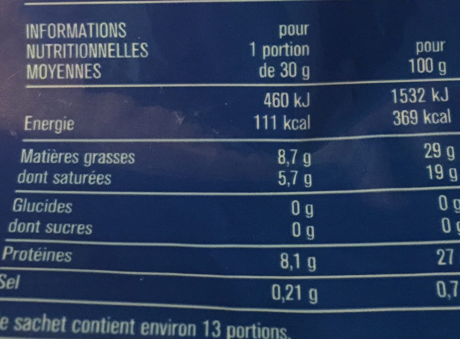 Emmental Français Râpé (29 % MG) - Tableau nutritionnel