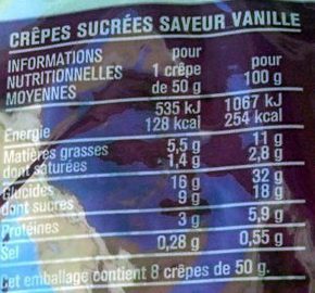8 crêpes sucrées saveur vanille - Tableau nutritionnel