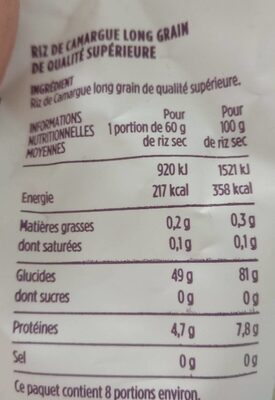 Riz long blanc Camargue Monoprix Gourmet - Tableau nutritionnel