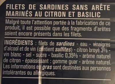 Filets de sardines (citron et basilic, sans huile) - Ingredients - fr