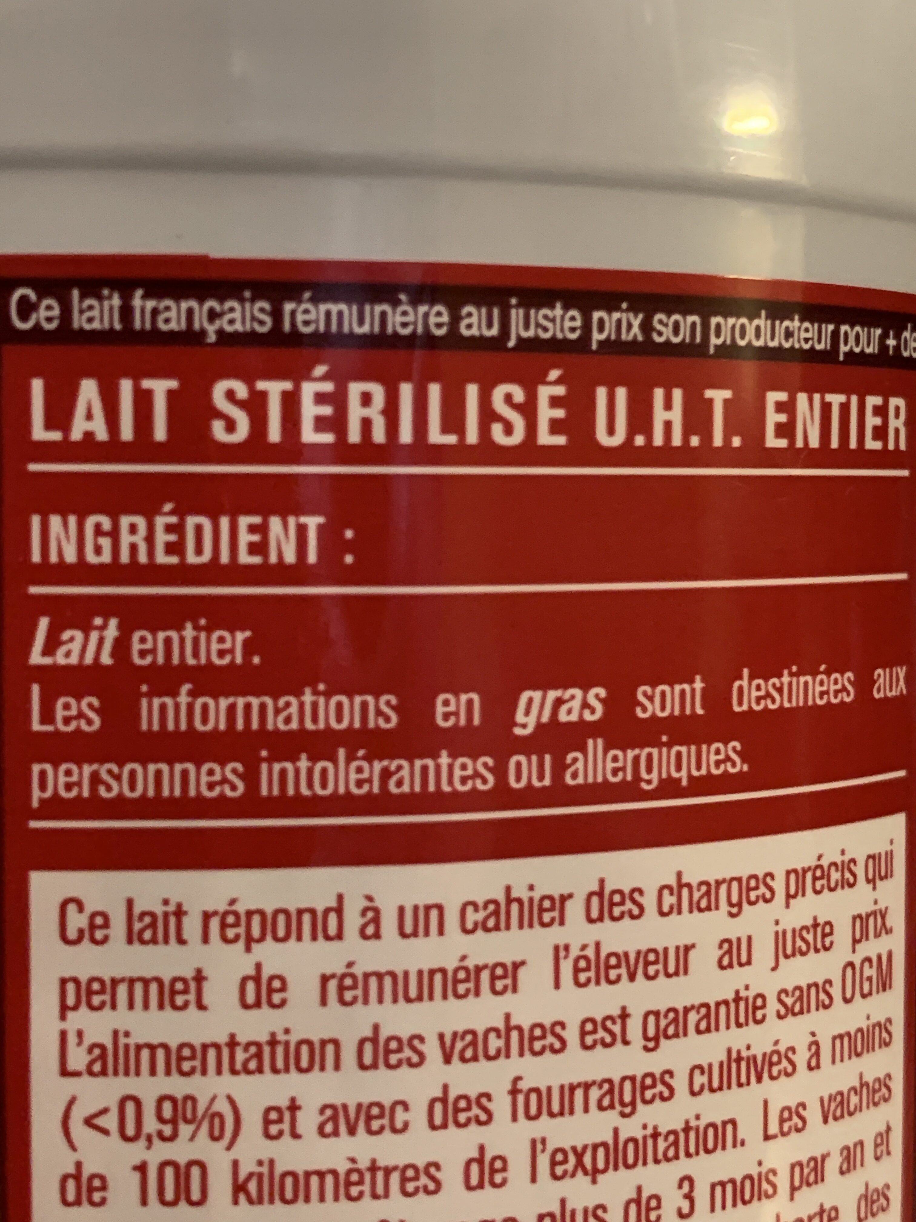 Lait entier stérilisé U.H.T. - Ingredients - fr
