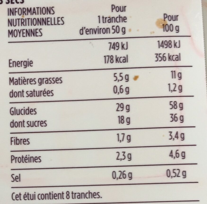 Cake anglais aux fruits tranché - Nutrition facts - fr