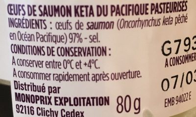 Oeufs de saumon keta du pacifique pasteurisés - Ingredients
