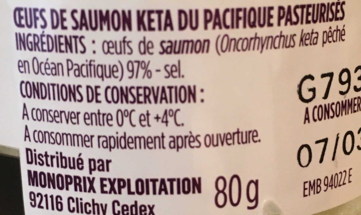 Oeufs de saumon keta du pacifique pasteurisés - Ingredients - fr