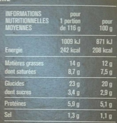 Tarte aux poireaux pâte pur beurre - Nutrition facts - fr