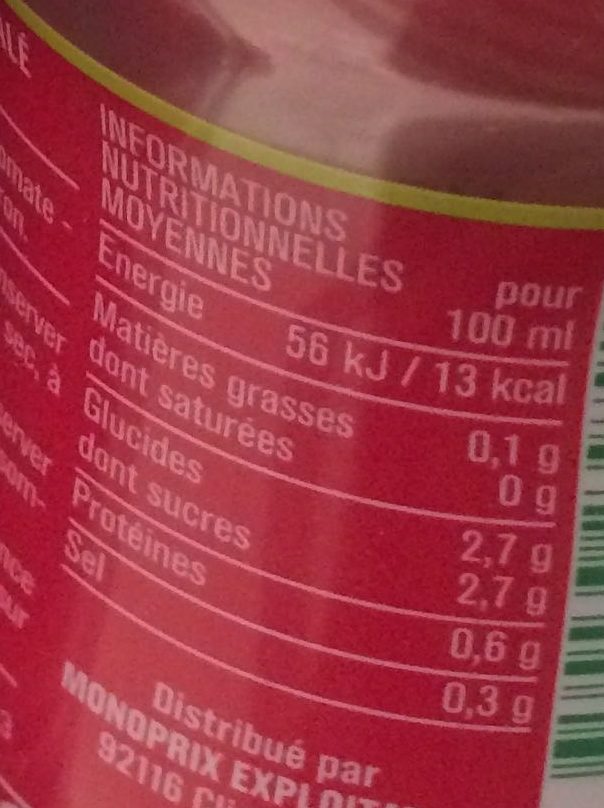 100% pur jus tomate - Nutrition facts - fr