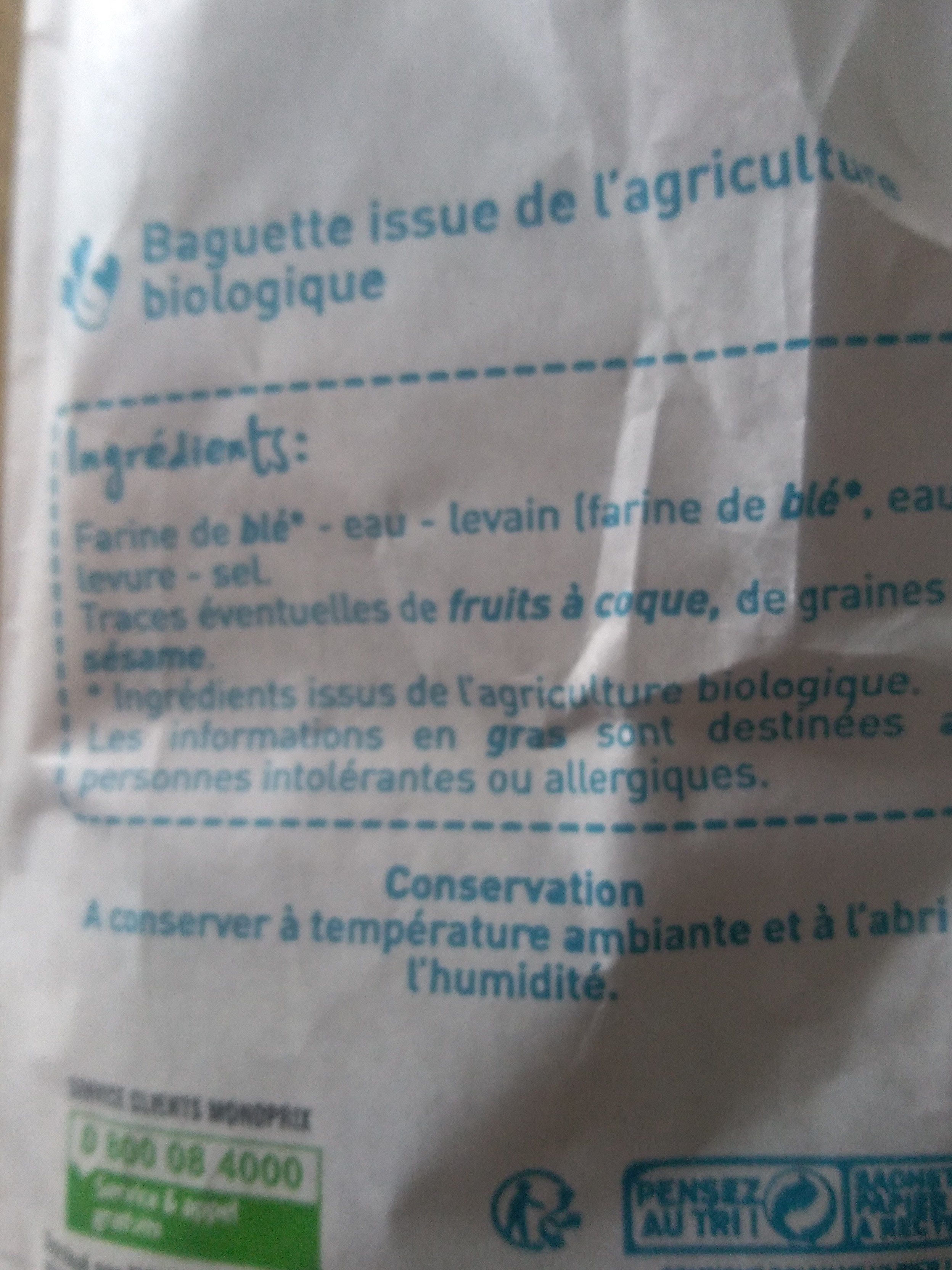 Baguette bio - Nutrition facts - fr