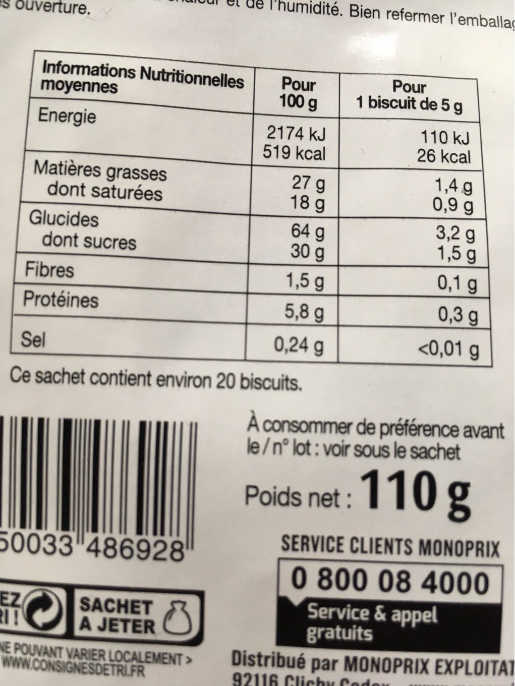 Biscuits au miel par Frédéric Lalos - Tableau nutritionnel