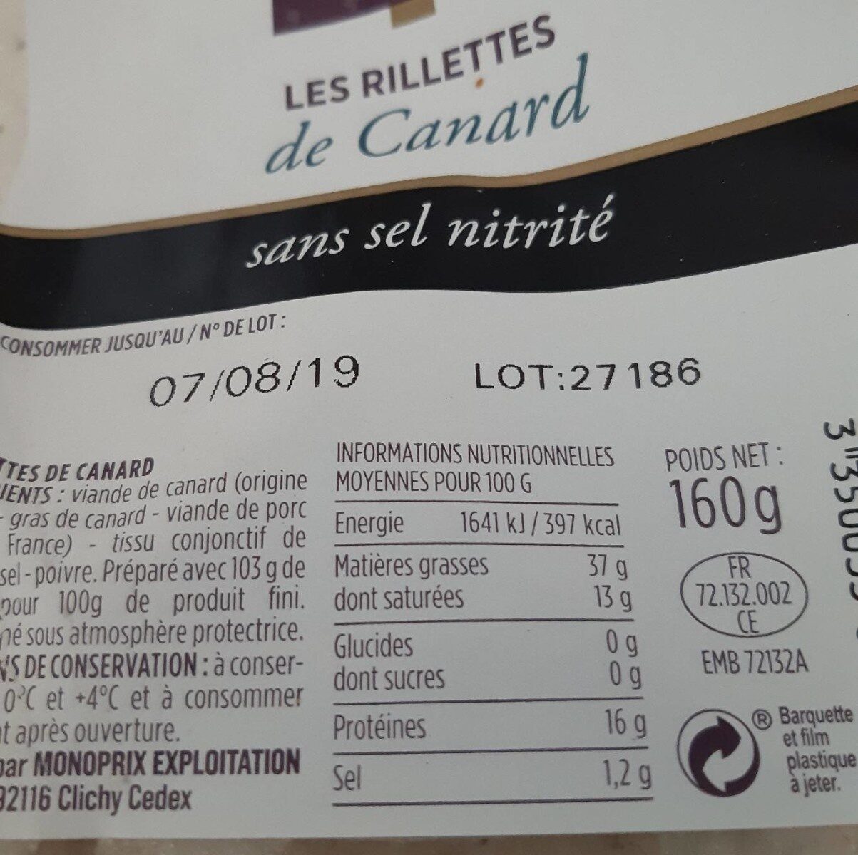 Les Rillettes de Canard - Nutrition facts - fr