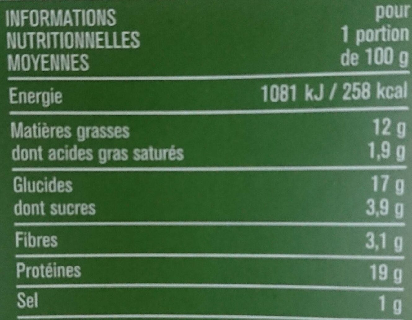 Pané gourmand blé, oignons, fromage - Tableau nutritionnel
