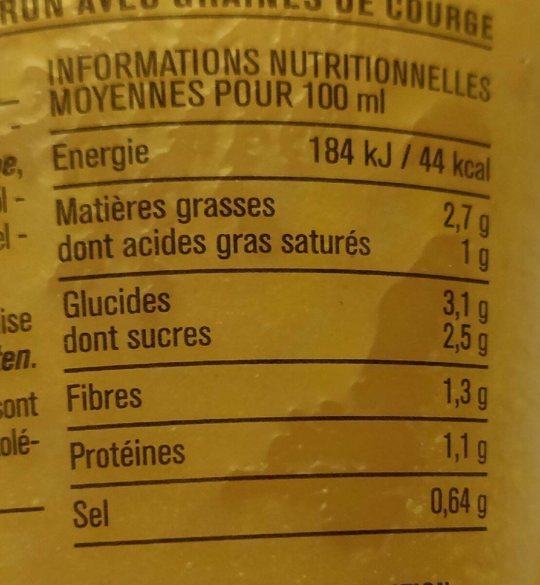 Soupe potimarron, graines de courge - Voedingswaarden - fr
