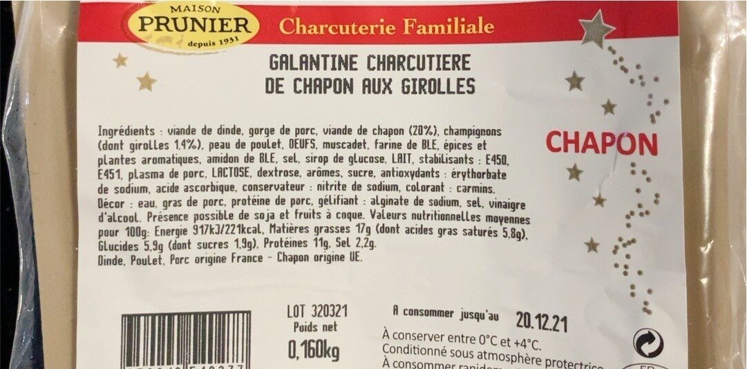 Gala tine charcutiere de chapon aux girolles - Nutrition facts - fr
