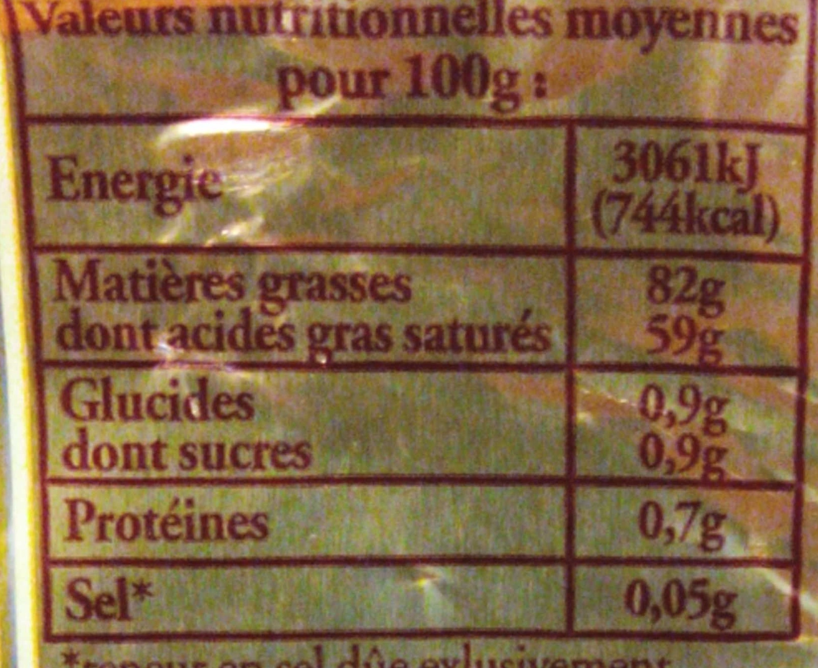 Beurre plaquette AOP doux - Nutrition facts - fr