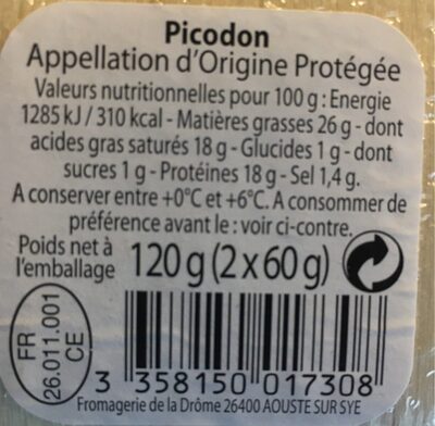 Picodon - Fromage de chèvre au lait cru - Tableau nutritionnel