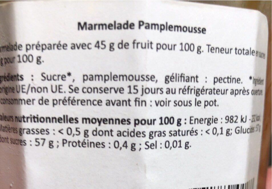 Marmelade pamplemousse - Nutrition facts - fr