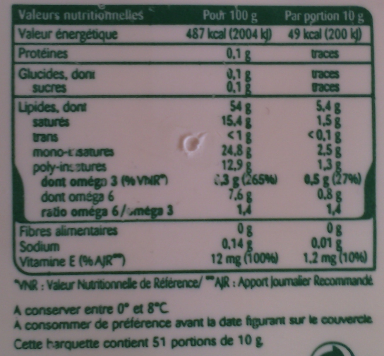 St Hubert Oméga 3 - matière grasse à tartiner - Tableau nutritionnel