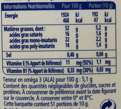 Oméga 3 Doux Tartine & Cuisson - Tableau nutritionnel