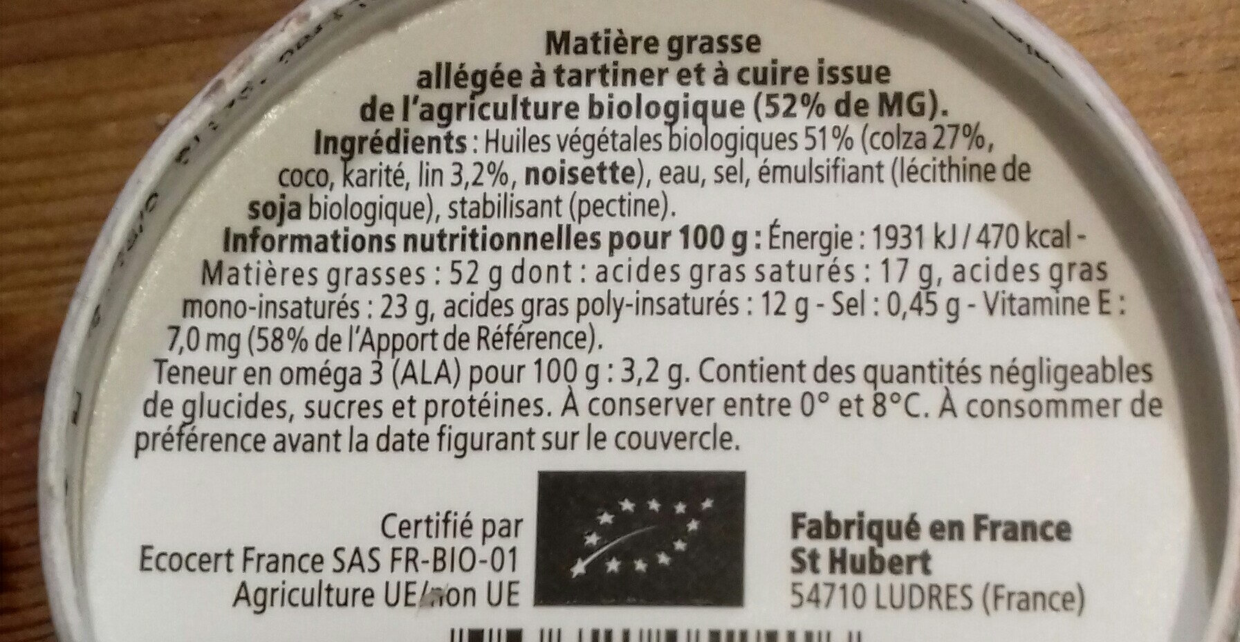 St hubert bio omega 3 230 g doux sans hdp - Nutrition facts - fr