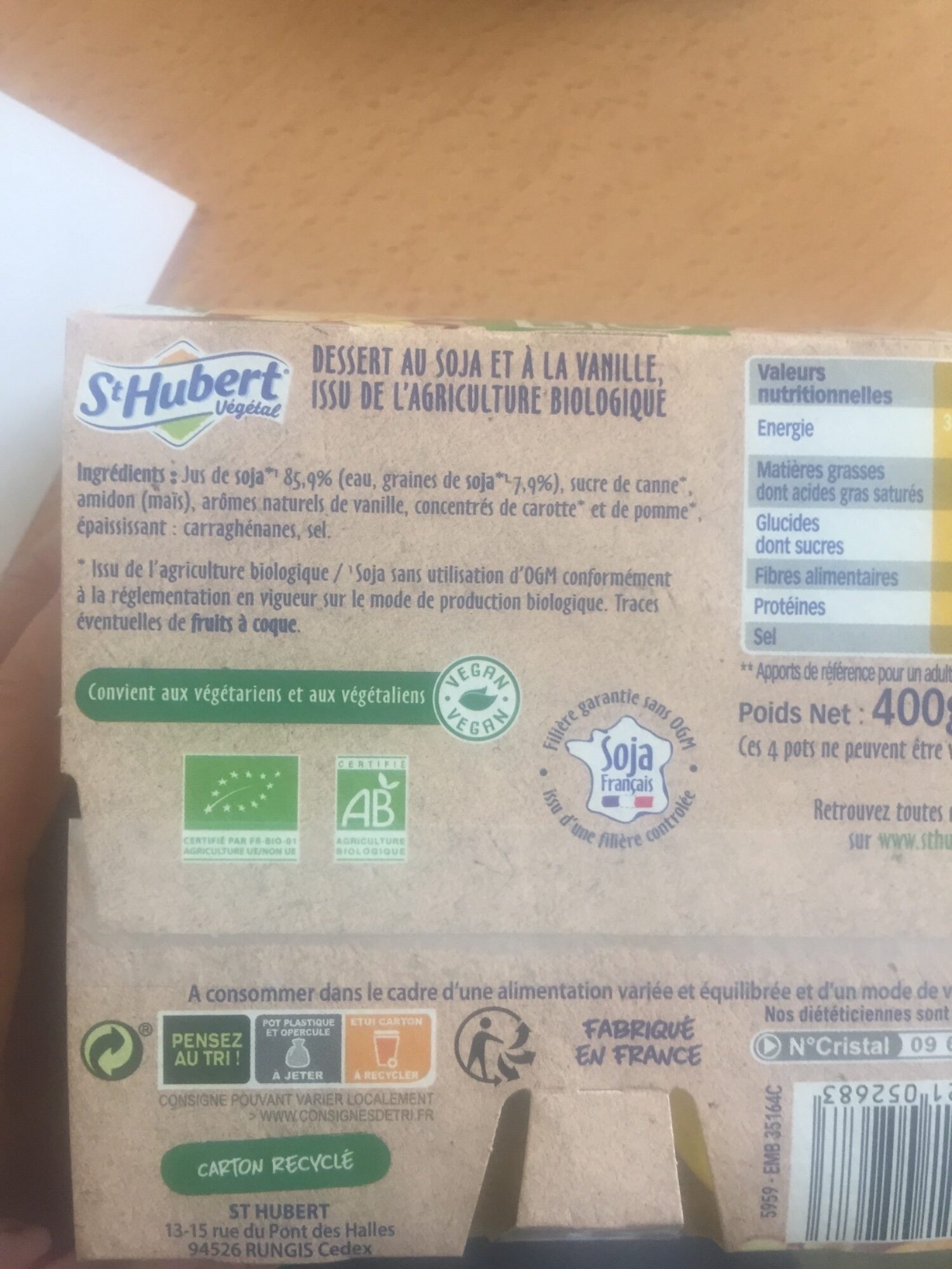St Hubert Végétal Bio vanille - Ingredientes - fr