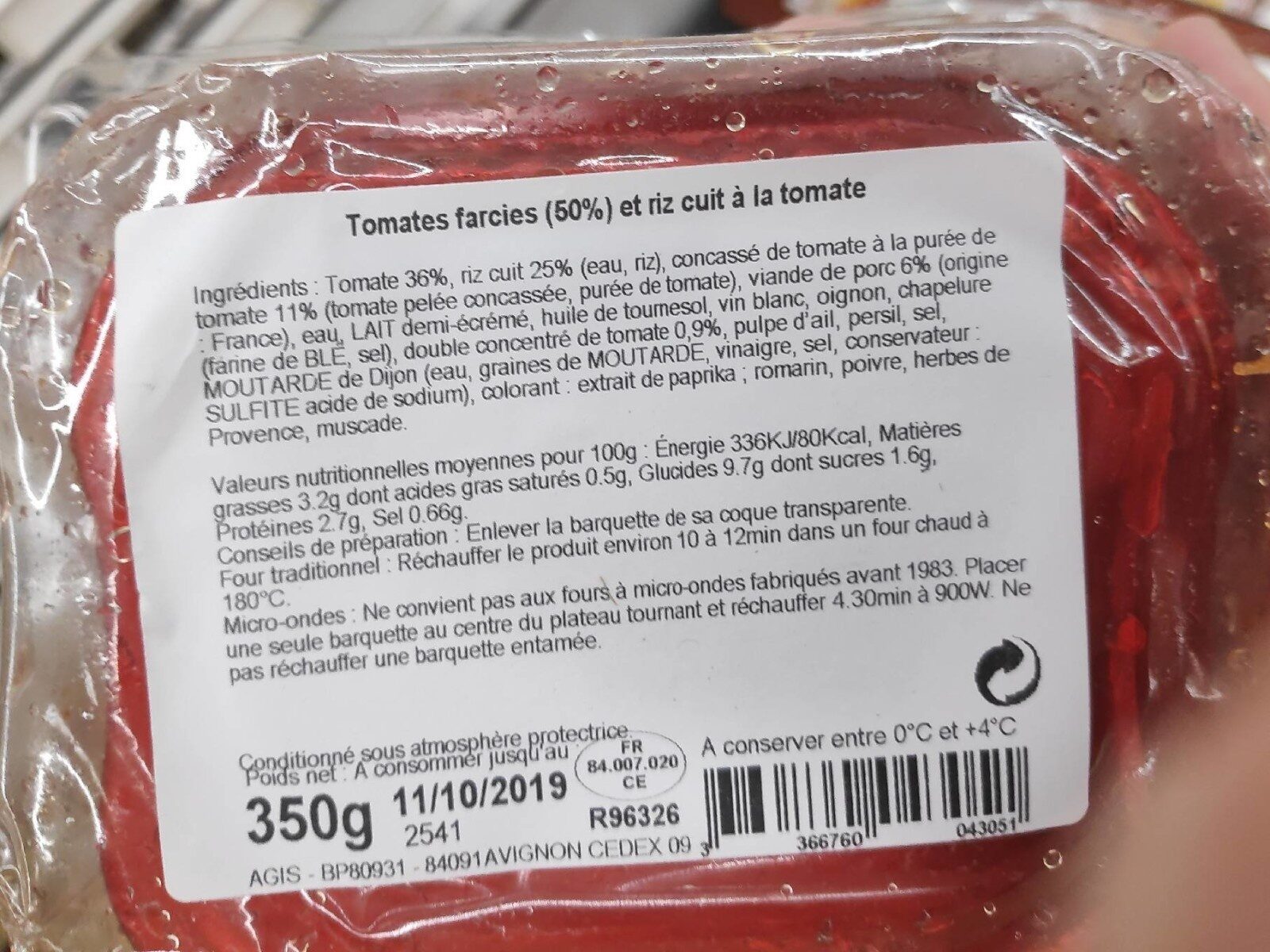Tomates farcies - Tableau nutritionnel