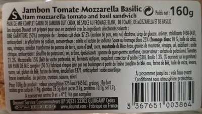 Pain complet moelleux Jambon mozzarella tomate basilic - Zutaten - fr
