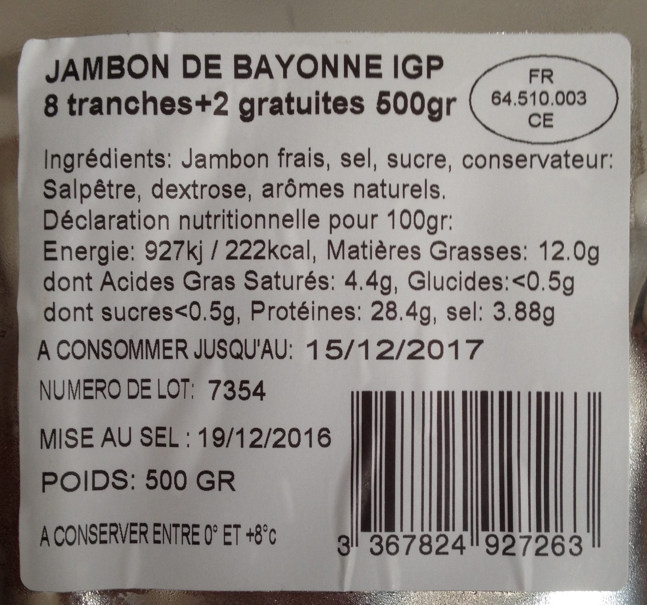 Jambon de Bayonne IGP Michel Dupuy - Ingredients - fr