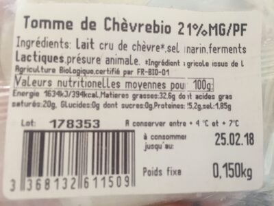 Tomme Chevre Bio - Ingredients - fr