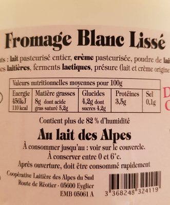 Fromage blanc lissép - Nutrition facts - fr
