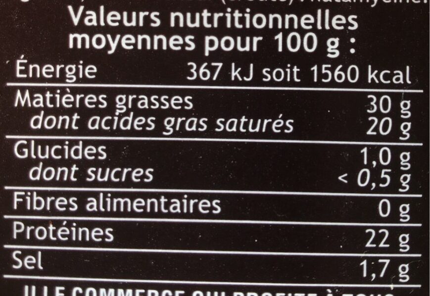 Fromage raclette lait cru en tranchettes 30%mg - Tableau nutritionnel