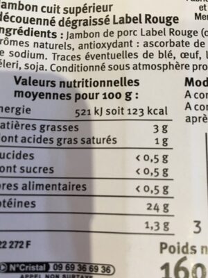 Jambon cuit supérieur découenné label rouge - Voedingswaarden - fr