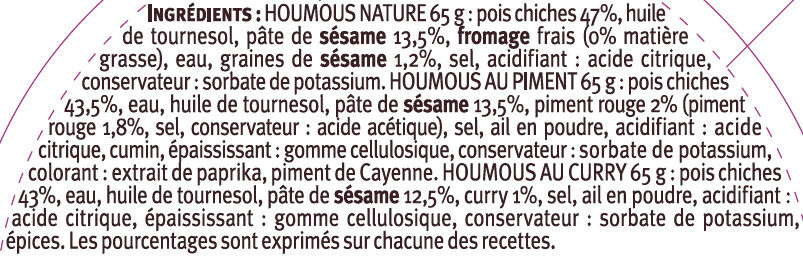 Trio d'houmous nature curry piquant Saveurs - Ingredients - fr