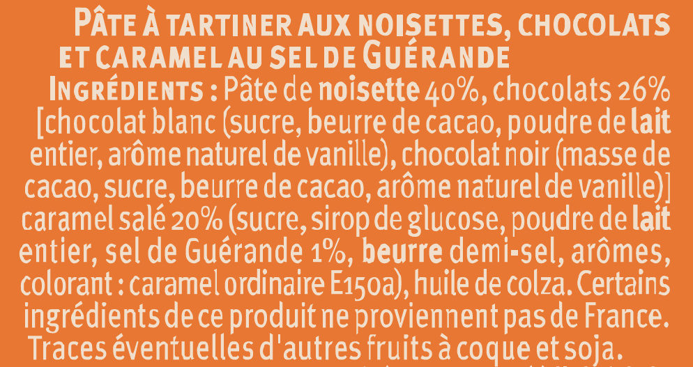 Pate tartiner chocolat/noisette/caramel au sel Guérande - Ingrédients