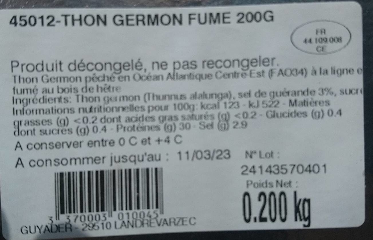 Thon germon fumé - Tableau nutritionnel