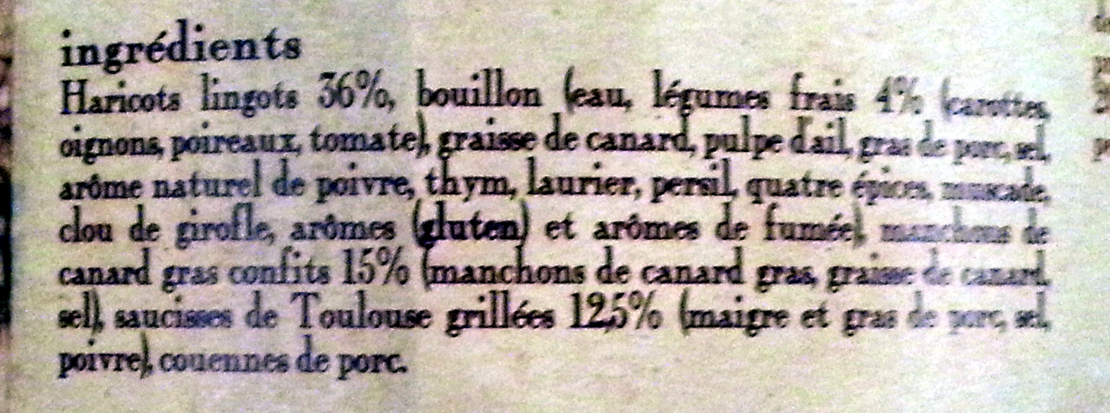 Le cassoulet au confit de canard de Castelnaudary cuisiné dans son bouillon de légumes frais, boîte 2/1 - Ingredients - fr