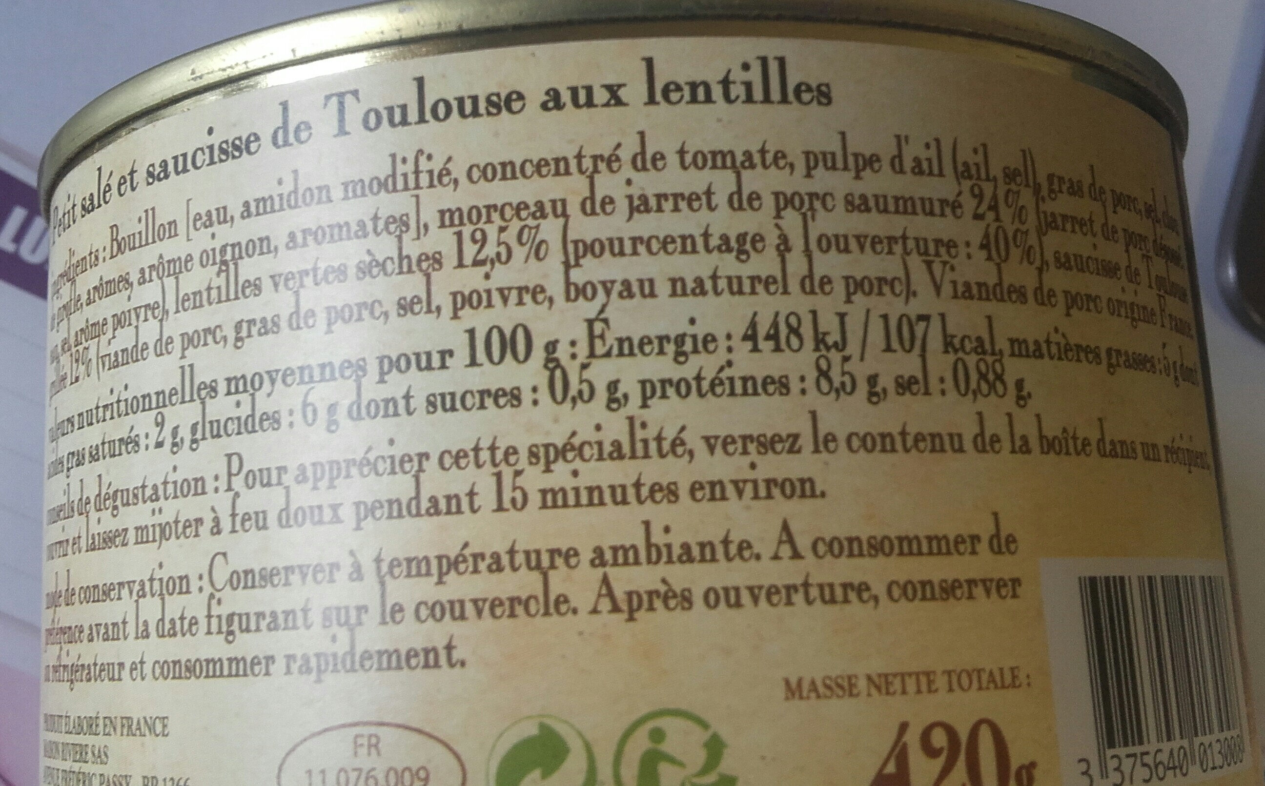 le petit salé et saucisse de Toulouse aux lentilles, boîte 1/2 - Ingredients - fr