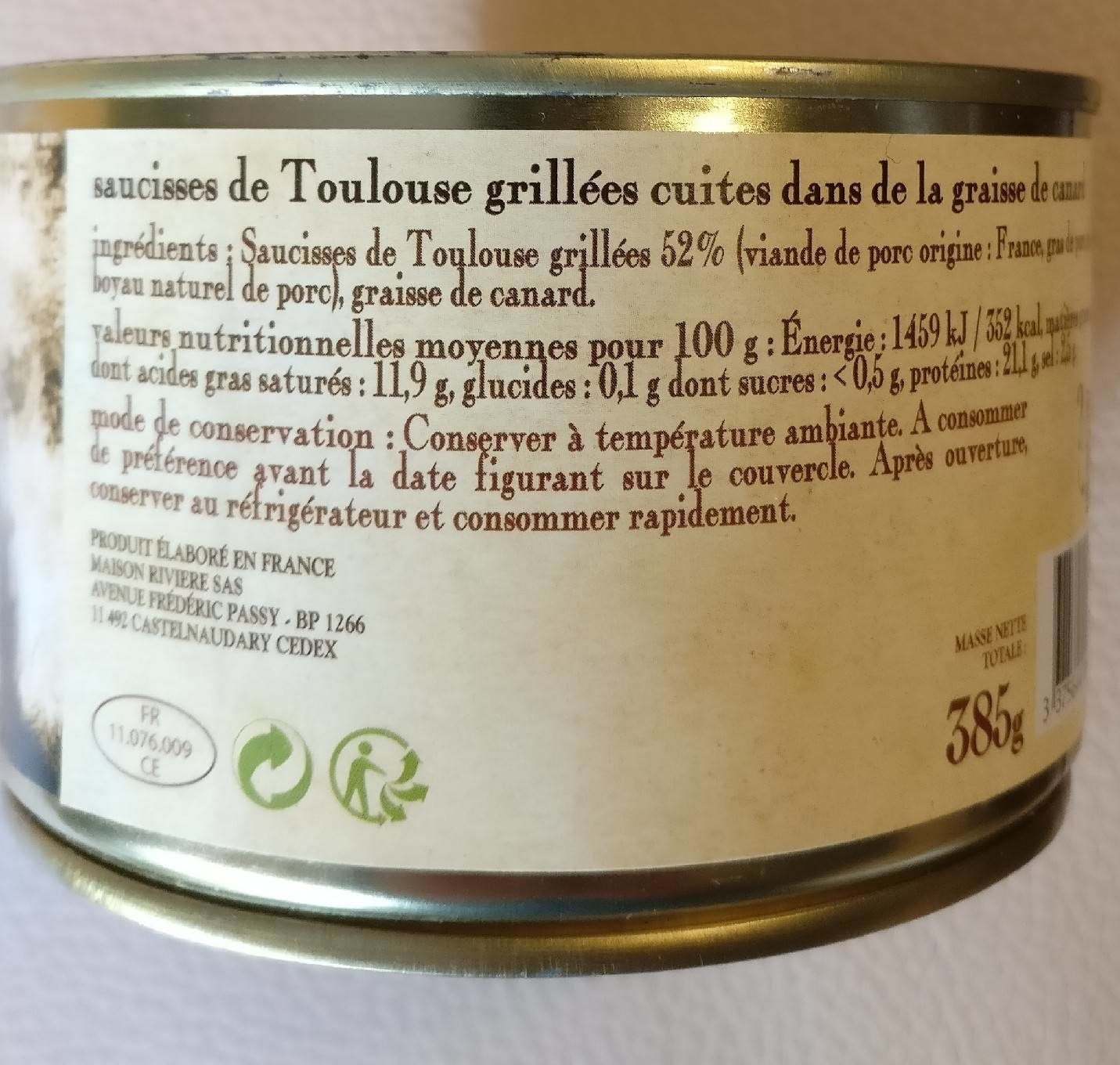 Les saucisses de Toulouse grillées - Nutrition facts - fr