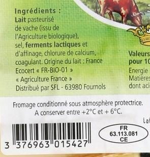 Raclette biologique - Ingredients - fr