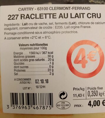 Raclette au lait cru - Ingrédients