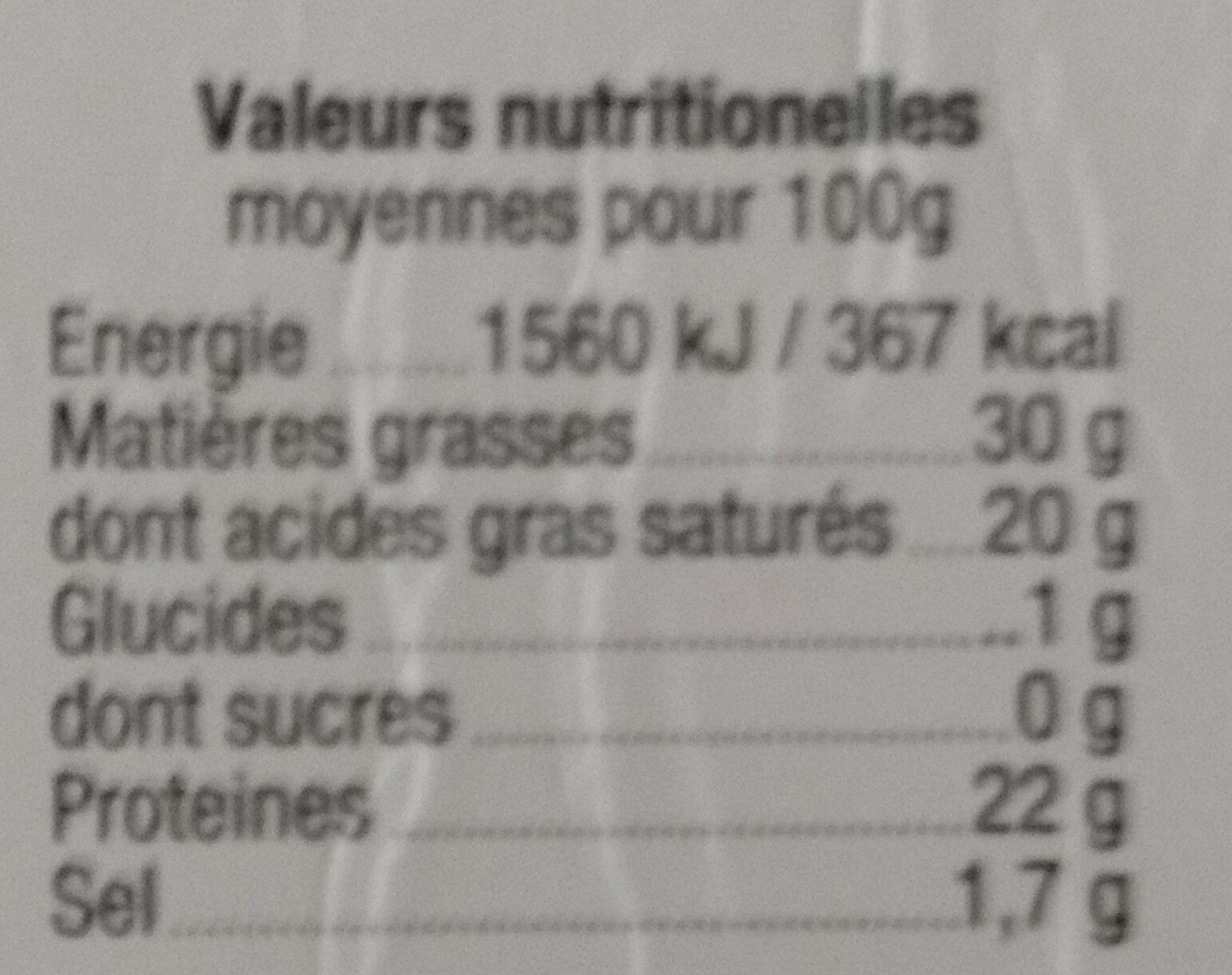 Raclette au lait cru - Tableau nutritionnel
