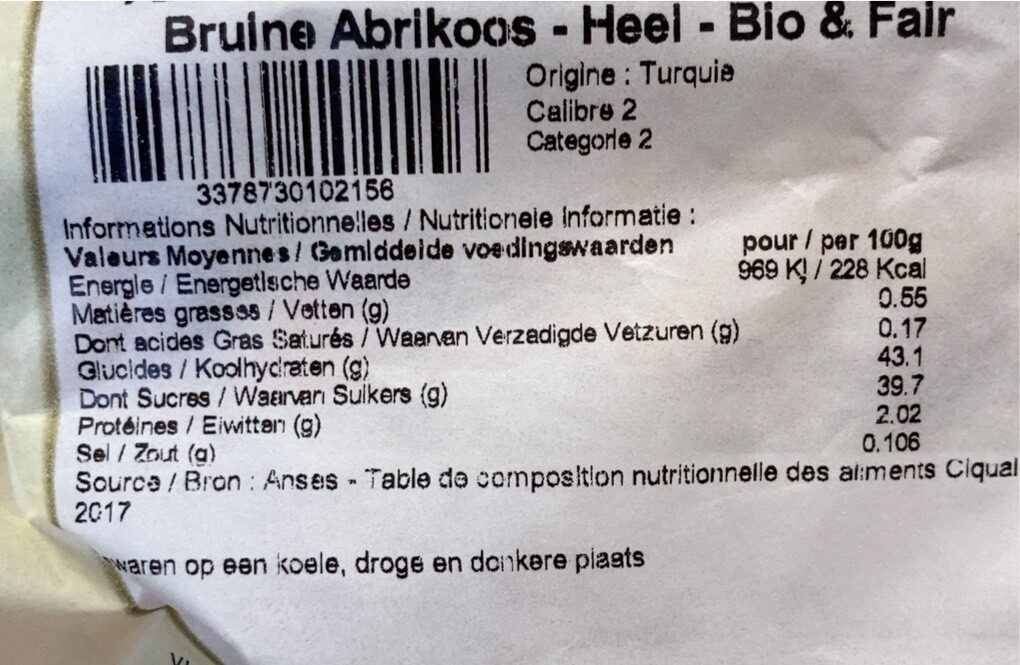Abricots Bruns "Calibre 2" - Tableau nutritionnel