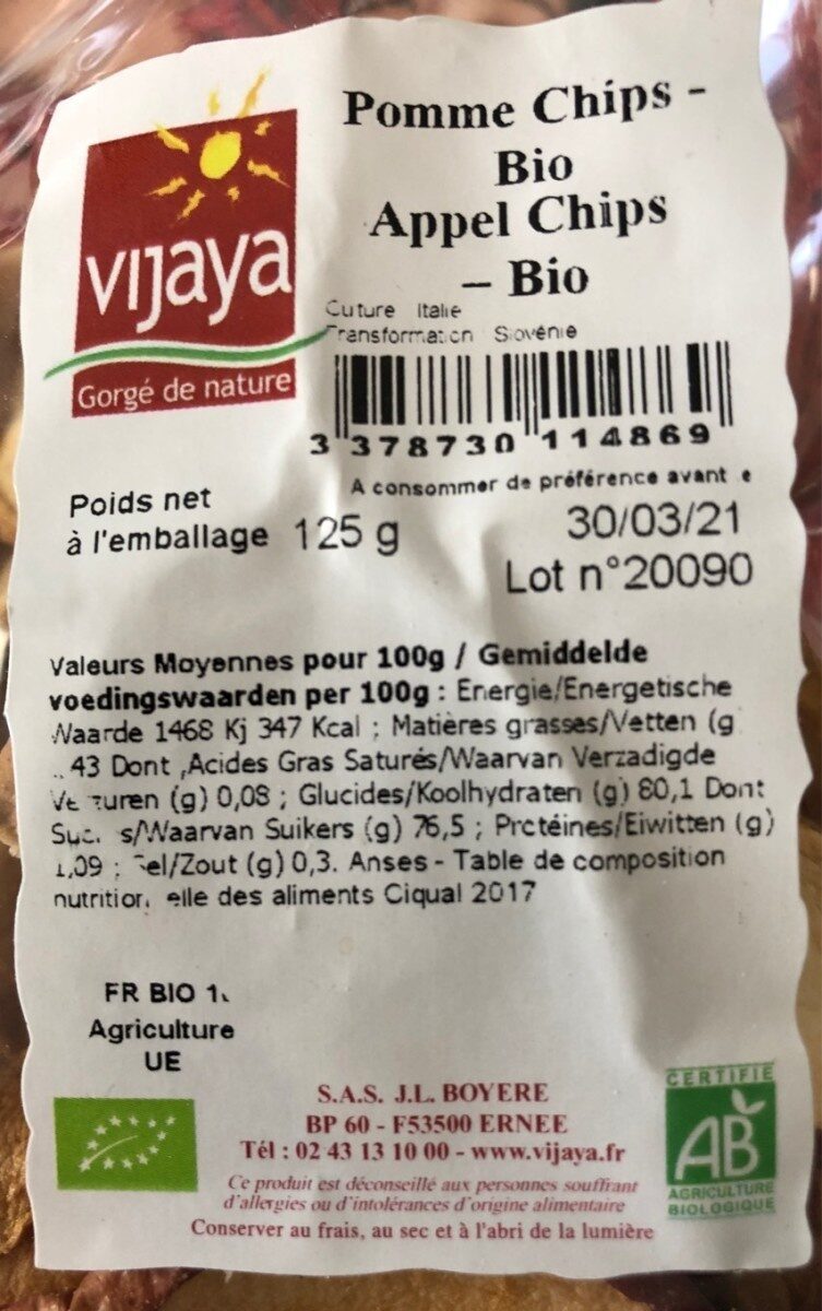 Pomme chips bio - Tableau nutritionnel