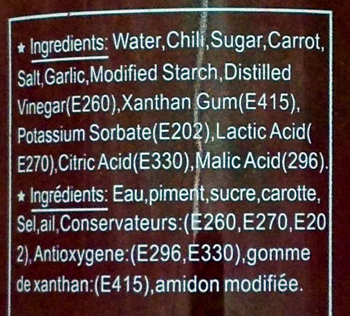 Sauce Sriracha - Ingrédients