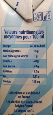 Bleu Blanc Lait - Lait de vache de nos élevages Français - Tableau nutritionnel