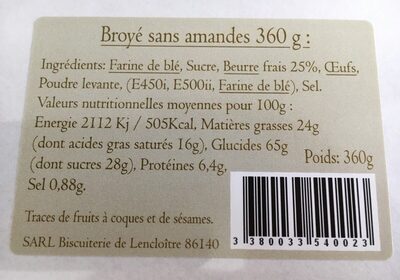 Broyé sans amandes 360 g - Ingredients - fr