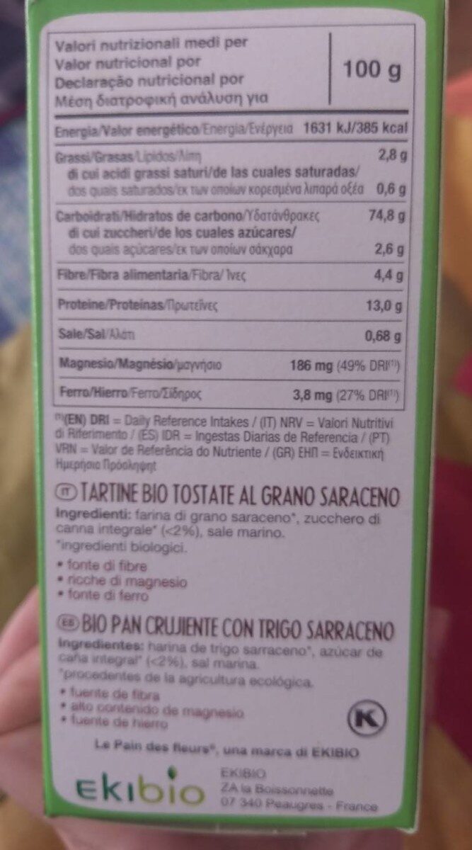 Pan ecológico crujiente de trigo sarraceno sin gluten - Tableau nutritionnel - es