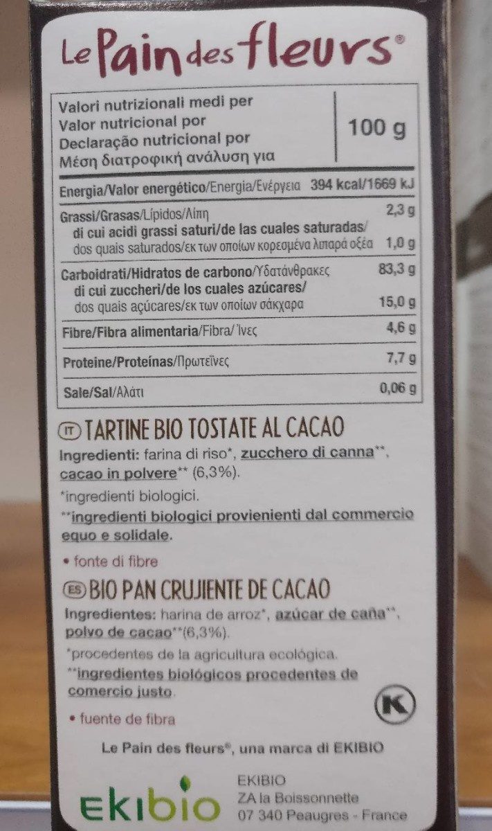 Pan crujiente cacao - Nutrition facts - fr