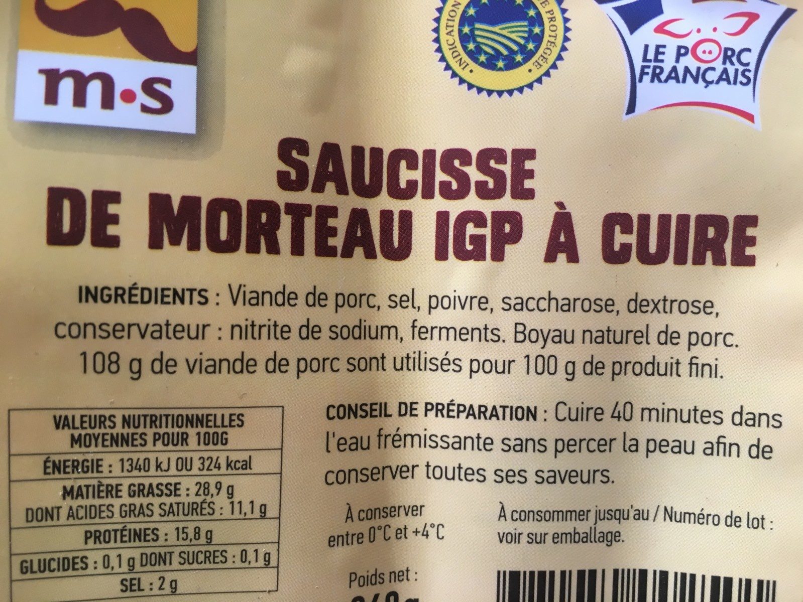 Saucisse de Morteau IGP - Ingredients - fr